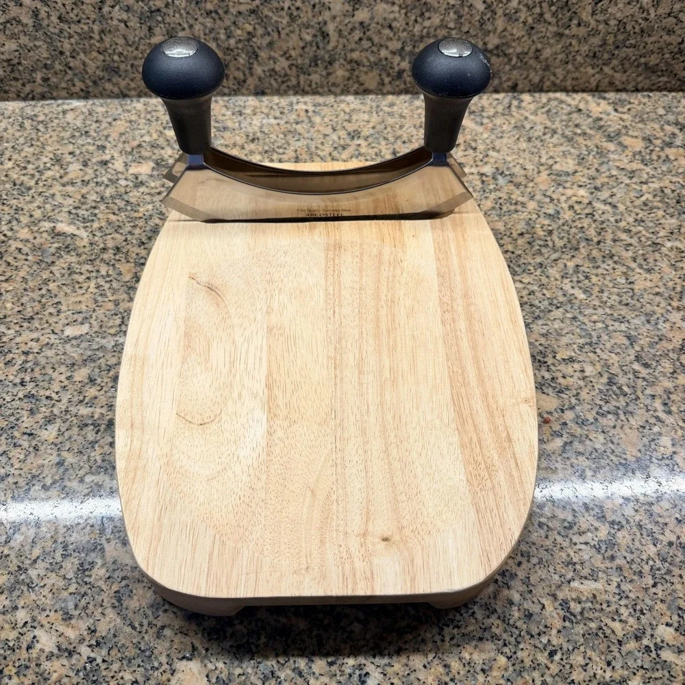 ARCOSTEEL Mezzaluna Chopper Knife & Wood Cutting Board Set Stainless Steel Brown